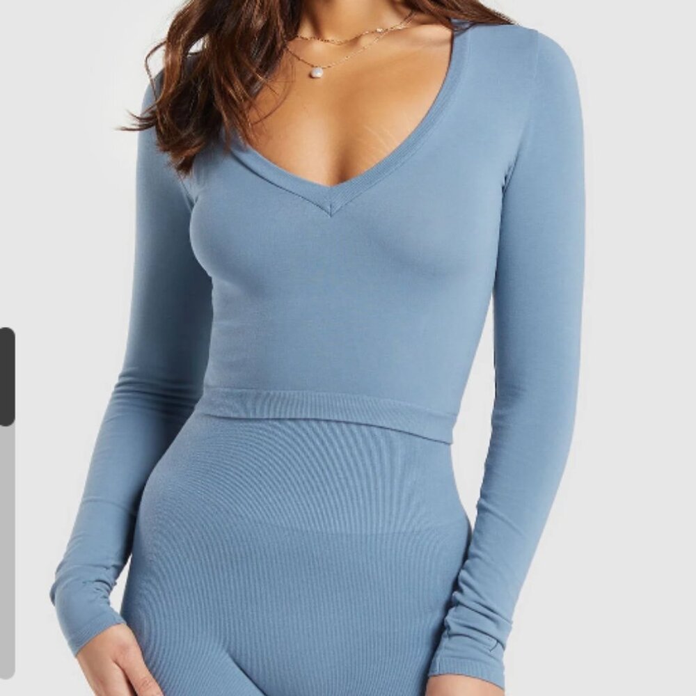 BNWT GYMSHARK COTTON SEAMLESS LONG SLEEVE MIDI TOP SZ SMALL FADED BLUE XS